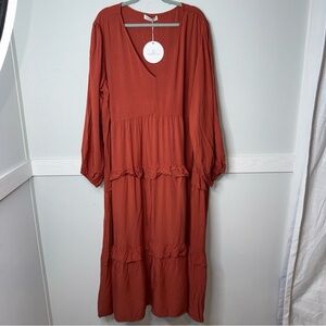 Chic Terracotta Long Sleeve Lightweight Tiered Ruffle Dress